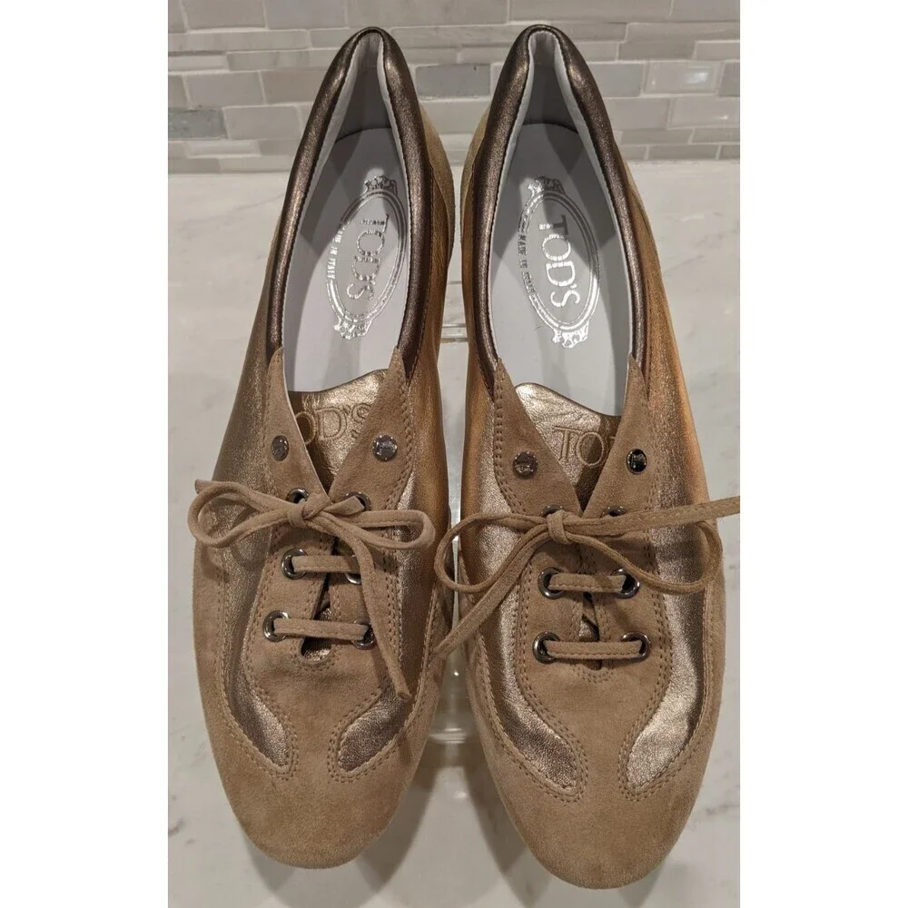 Women's TOD'S Beige Leather & Metallic Gold/Pewter Leather Low-Top Sneakers 11.5
